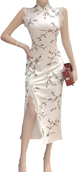 Amazon.co.jp: [YuanD]  女性の花柄プリントホワイトボディコンチャイナドレスレーストリムノースリーブキーホール高スリットミニチャイナパーティーカクテルドレス : ファッション